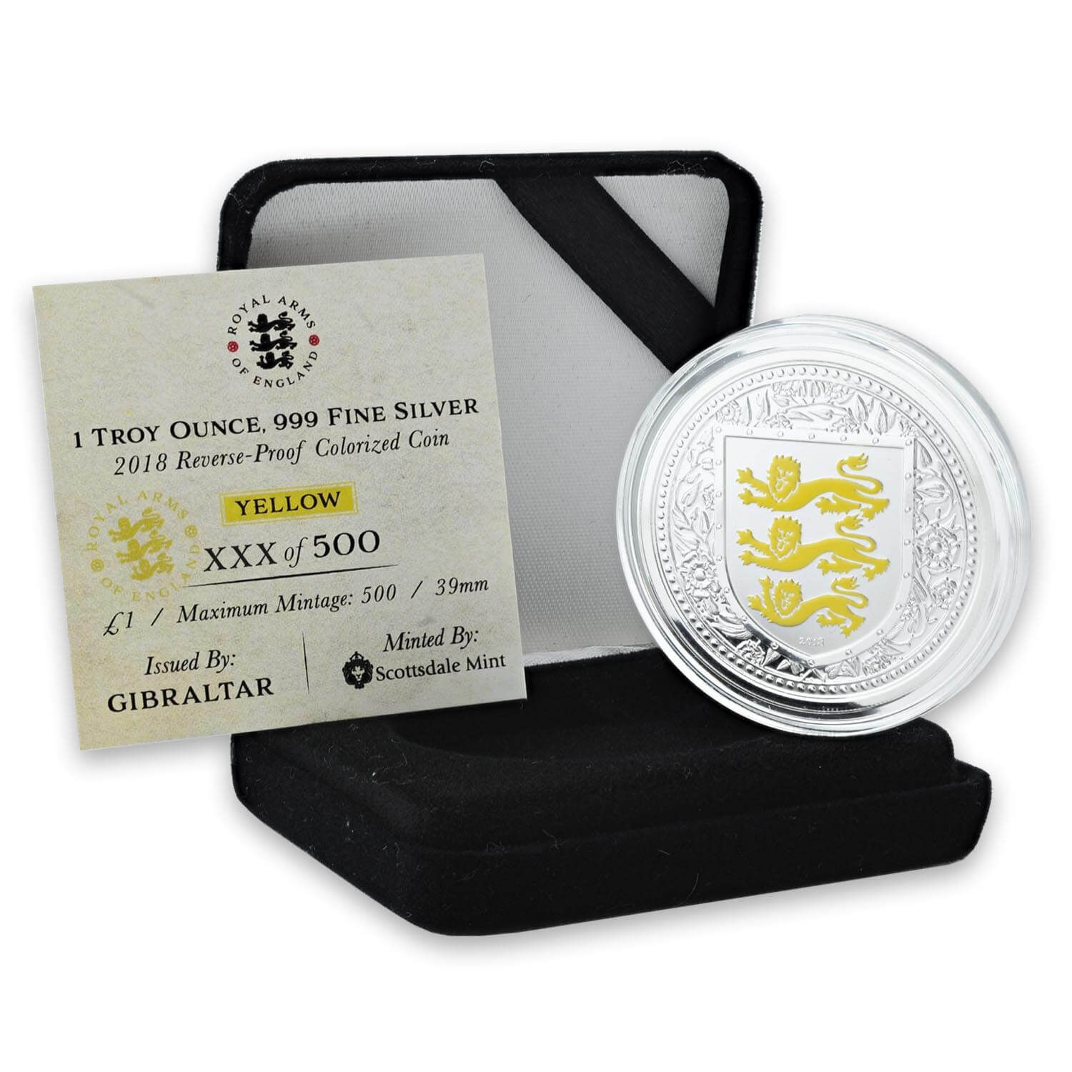 2018 Royal Arms of England 1 oz Silver Color Coin (Yellow)