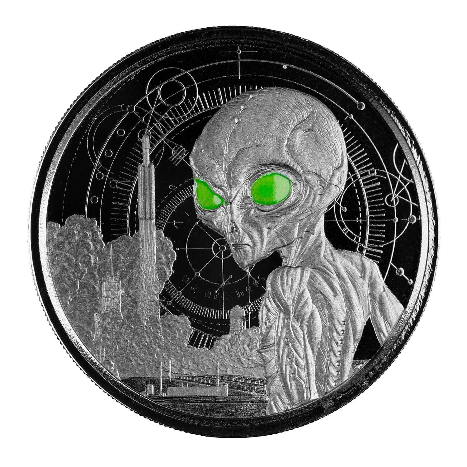 2021 Ghana Alien 1 oz Silver Black Rhodium With Color Coin