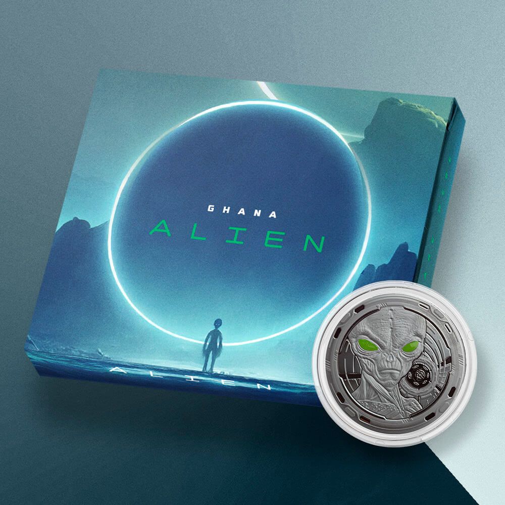2022 Ghana Alien 1 oz Silver Black Rhodium Plated With UV Color Coin