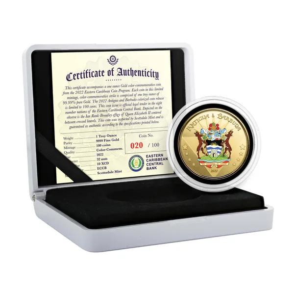 2022 Scottsdale Mint Ec8 Antigua And Barbuda Coat Of Arms 1 Oz Gold Proof Color Coin 05