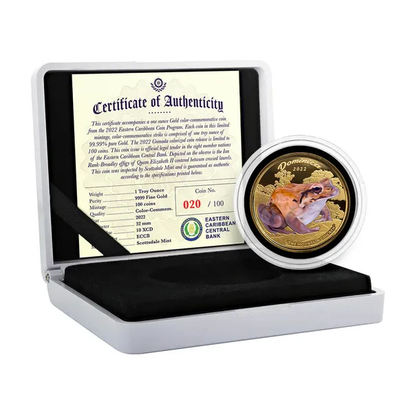 2022 Scottsdale Mint Ec8 Dominica Mountain Chicken 1 Oz Gold Proof Color Commemorative Coin 04
