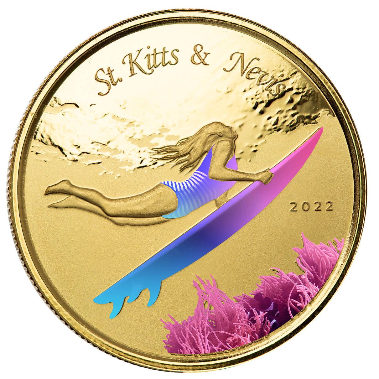 2022 EC8 St Kitts Underwater Surfer 1 oz Gold Color Coin