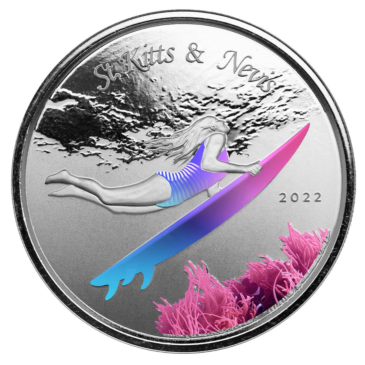 2022 EC8 St Kitts Underwater Surfer 1 oz Silver Color Coin