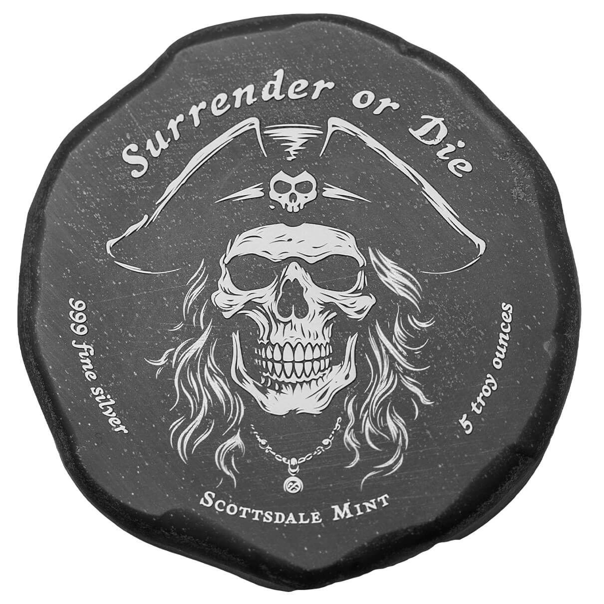Pirate Skull Surrender or Die Button 5 oz Silver Black Antique