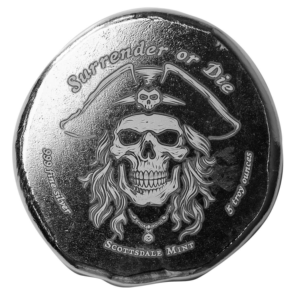 Pirate Skull Surrender or Die Button 5 oz Silver Round