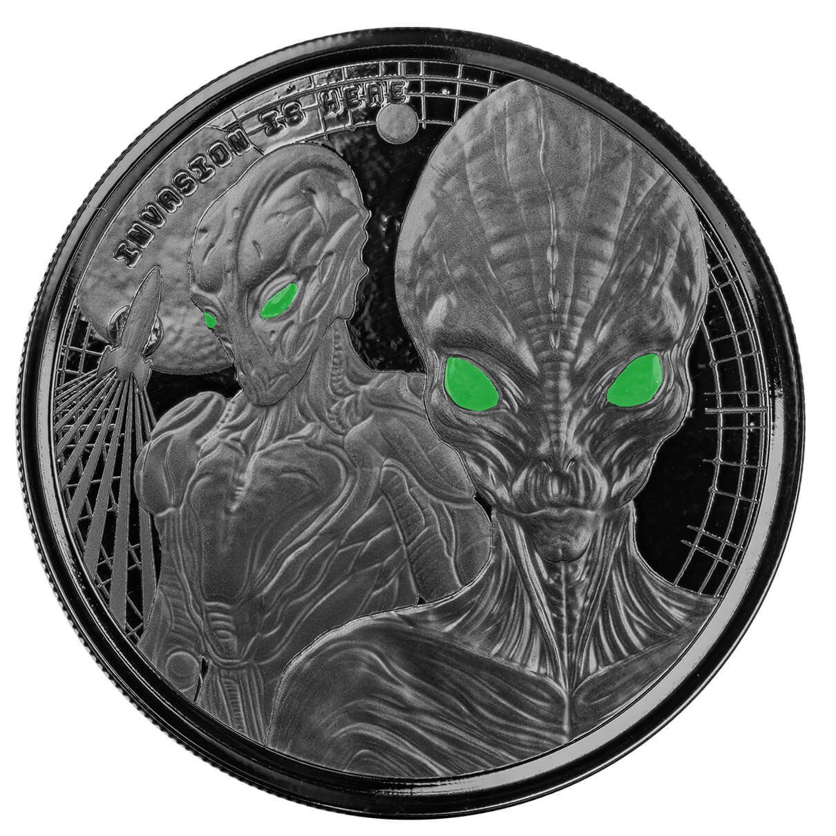 2023 Ghana Alien Invasion 1 oz Silver Black Rhodium Plated with UV Color Coin