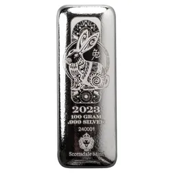 2023 Scottsdale Mint Lunar Year Of The Rabbit 100 Gram 999 Fine Silver Cast Bar 01
