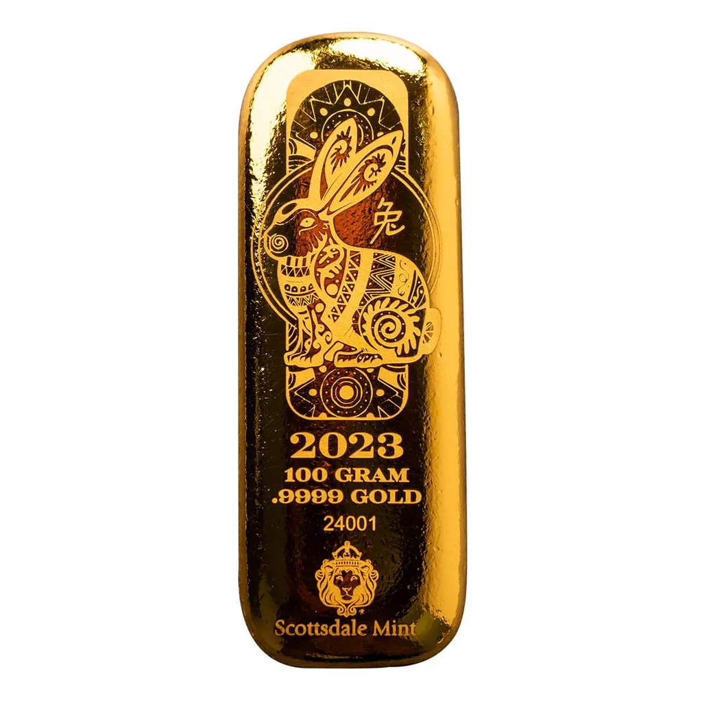 2023 Lunar Year of the Rabbit 100 Gram 9999 Gold Cast Bar