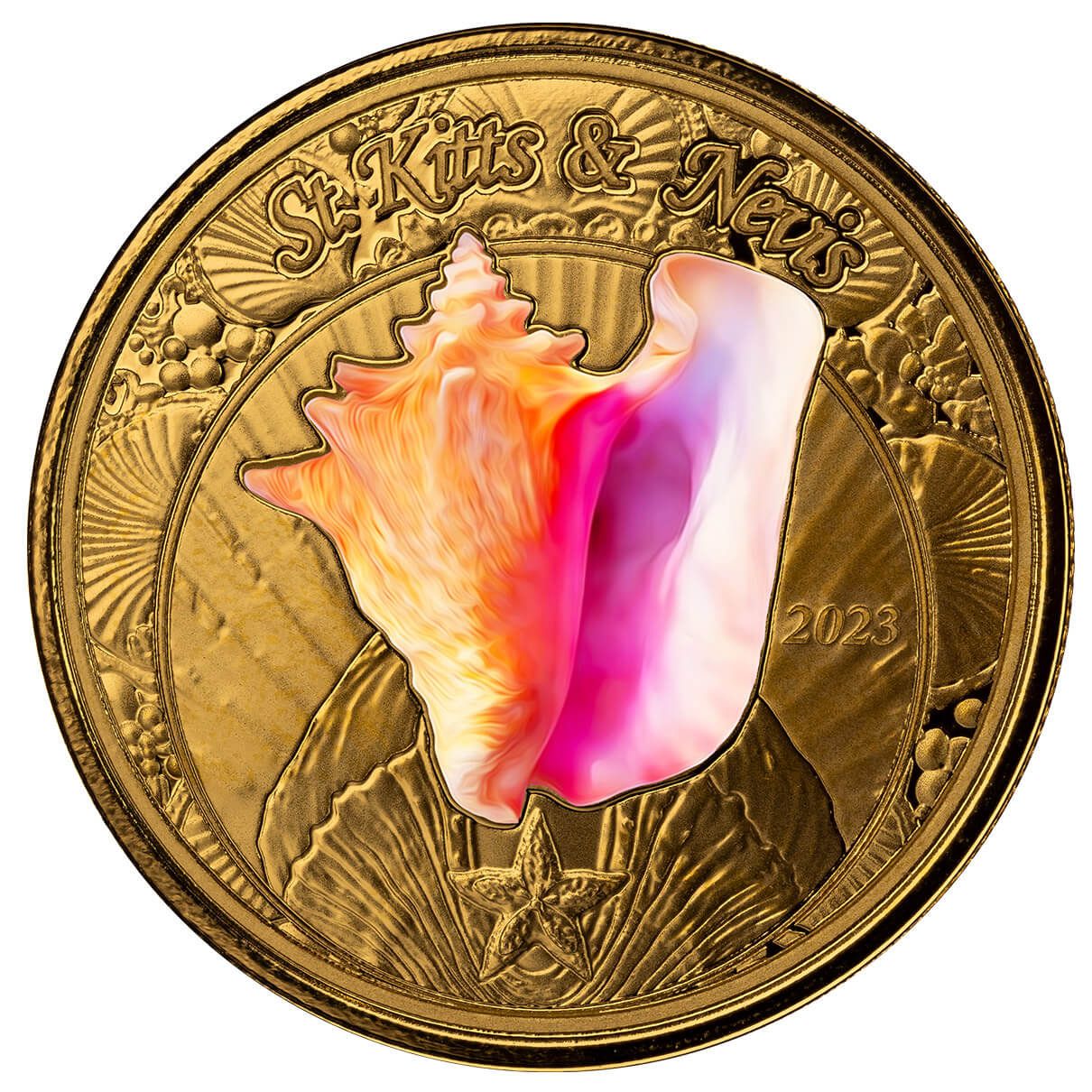 2023 EC8 St Kitts And Nevis Conch Shell 1 oz Gold Color Coin
