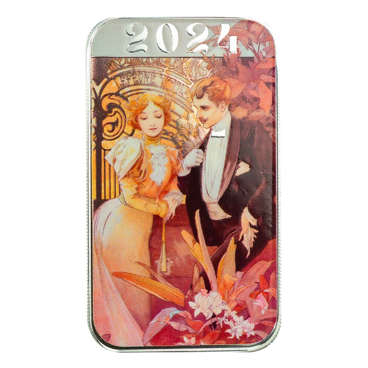 New Year Couple - Alphonse Mucha 1 oz Silver Color Bar
