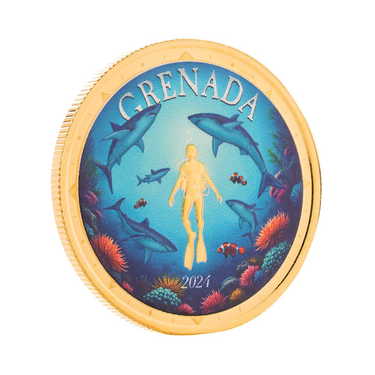 2024 EC8 Grenada | Shark Diver 1 oz 9999 Fine Gold Color Coin | Scottsdale  Mint
