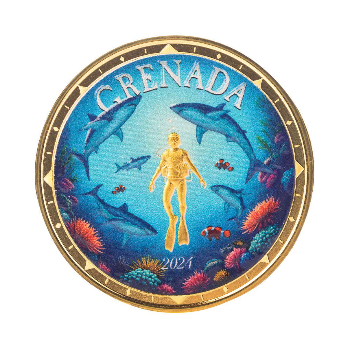 2024 EC8 Grenada | Shark Diver 1 oz 9999 Fine Gold Color Coin