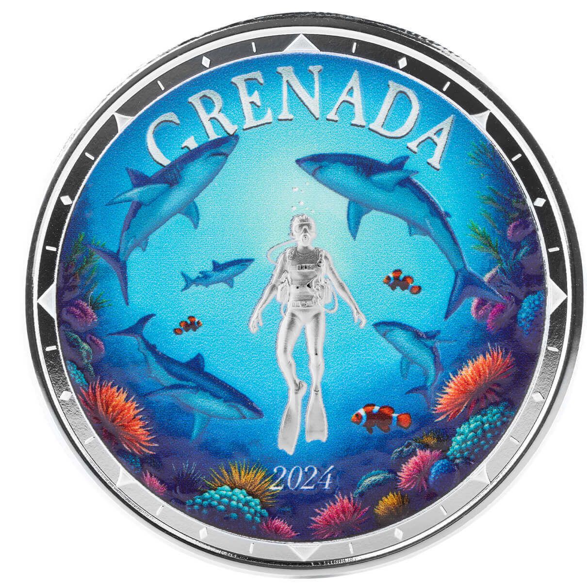 2024 EC8 Grenada | Shark Diver 1 oz 999 Fine Silver Color Coin