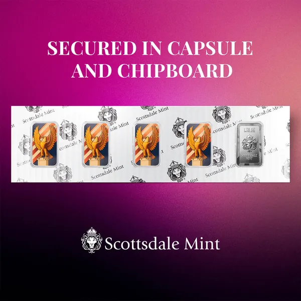2025 Scottsdale Mint Art Deco Eagle 1 Troy Ounce 999 Fine Silver Color Bar Chipboard 0000 Color
