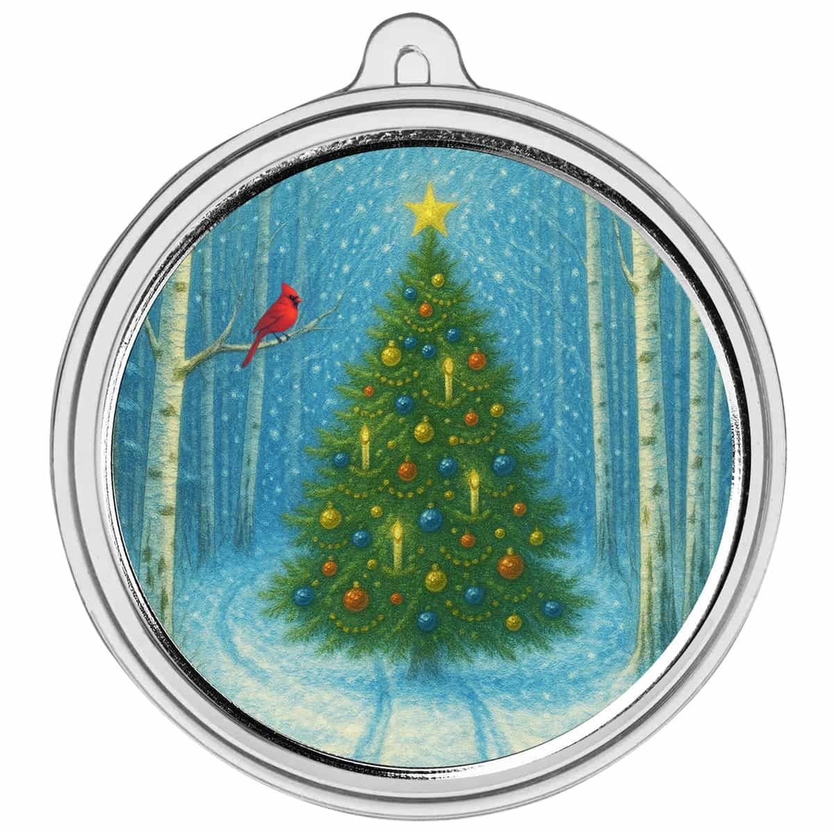 Christmas Tree & Winter Cardinal 1 oz Silver Colorized Round
