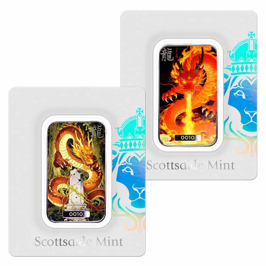 2026 Dragon Set | Zhènyuè Mountain Guardian & Lièyàn Blazing Fire (2) 1 oz Silver Colorized Bars
