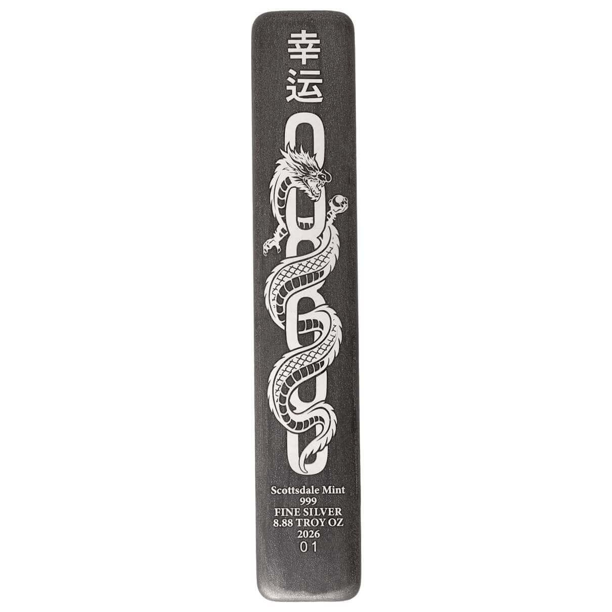 2026 Lucky Dragon 8.88 oz Silver Antiqued Bar | Scottsdale Mint