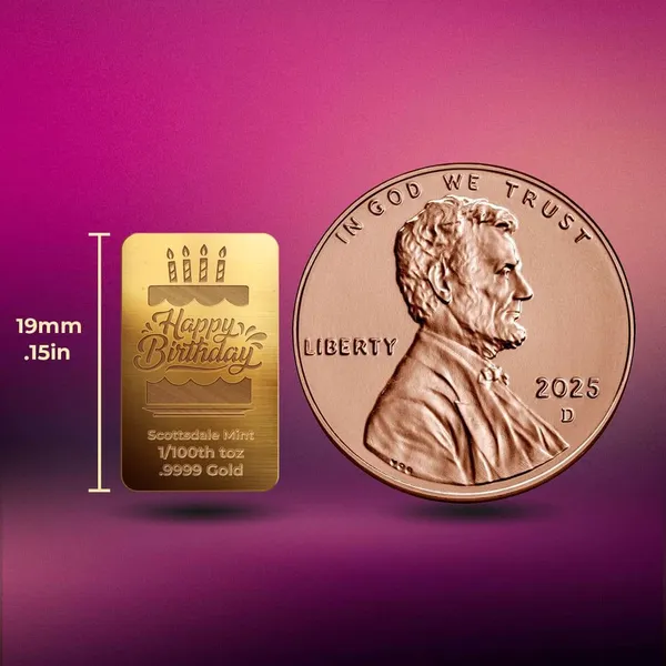 Happy Birthday Cake 1 100th Oz Gold Bar Mockup Penny Reference