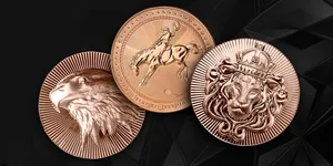 Copper coins with engraved designs: a detailed eagle profile, a horse rider, and a crowned lion's head. Background features a black geometric pattern.