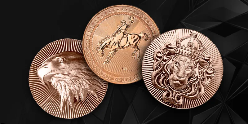 Copper coins with engraved designs: a detailed eagle profile, a horse rider, and a crowned lion's head. Background features a black geometric pattern.