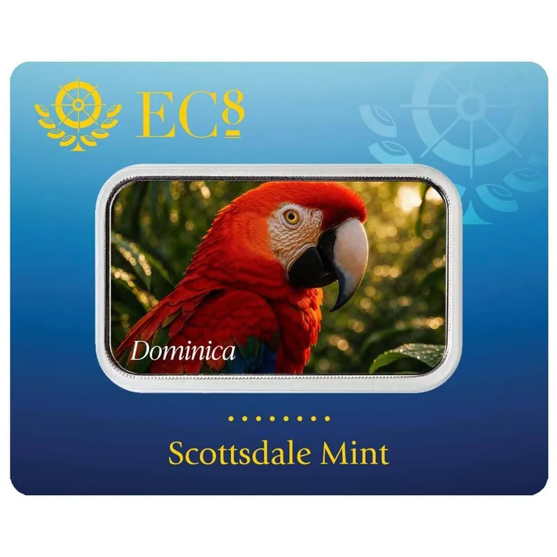 2025 Ec8 Dominica Scarlet Macaw 1 Oz Silver Colorized Coin Bar Certilock Front