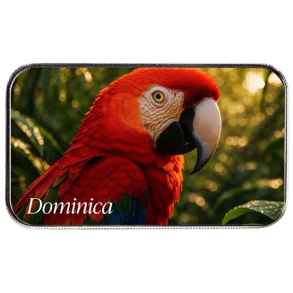 2025 Ec8 Dominica Scarlet Macaw 1 Oz Silver Colorized Coin Bar Front