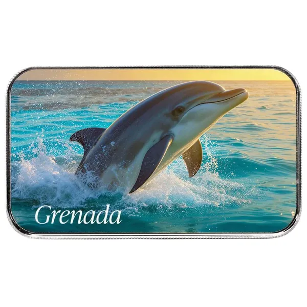 2025 Ec8 Grenada Dolphin 1 Oz Silver Colorized Coin Bar Front
