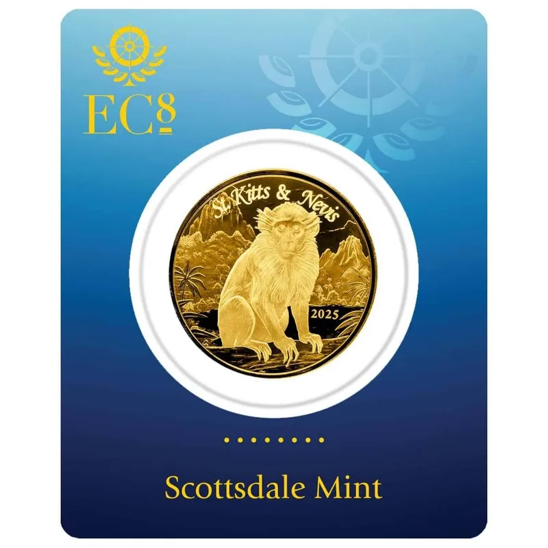 2025 Ec8 St. Kitts Nevis Green Vervet Monkey 1 Oz Gold Coin Certilock Front
