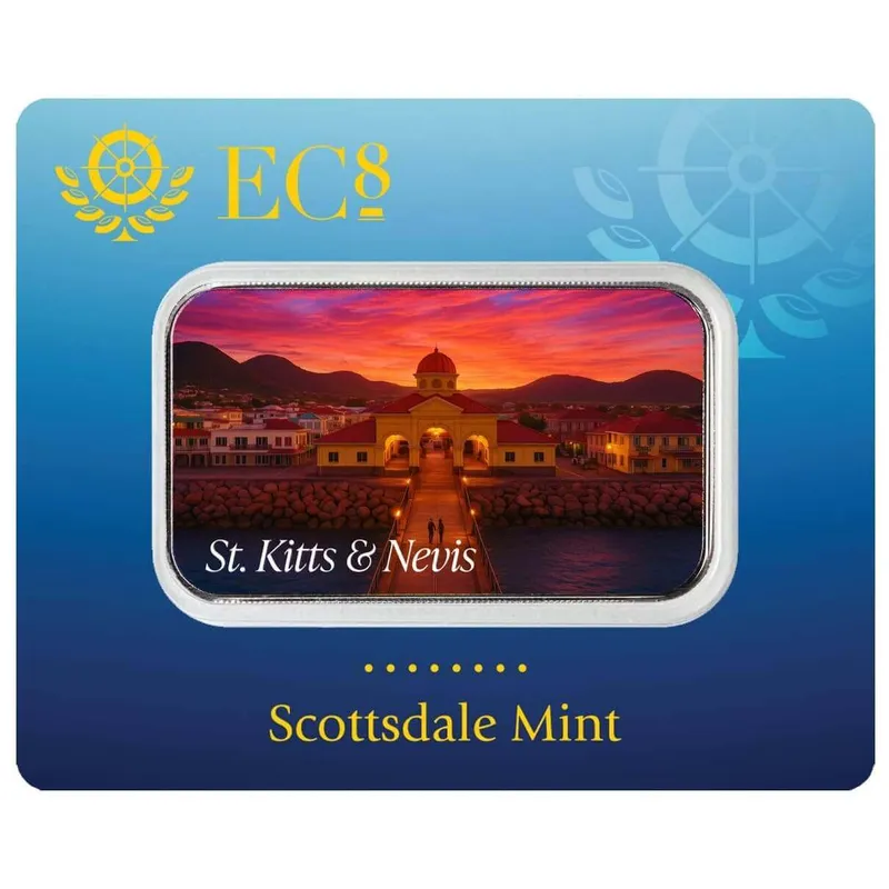 2025 Ec8 St. Kitts Nevis Port Zante 1 Oz Silver Colorized Coin Bar Certilock Front
