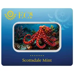 2025 Ec8 St. Lucia Caribbean Reef Octopus 1 Oz Silver Colorized Coin Bar Certilock Front