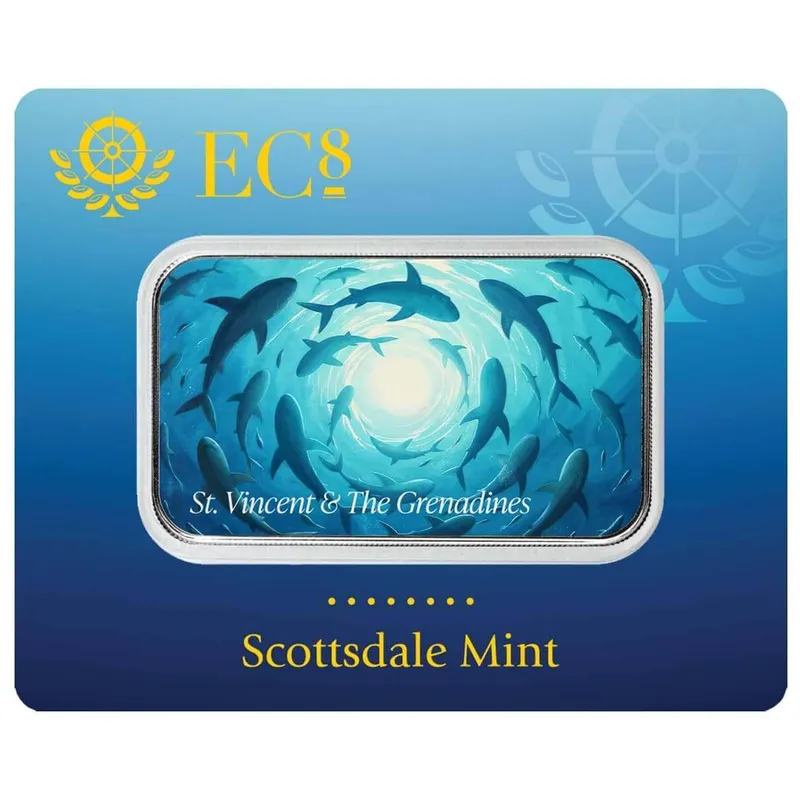 2025 Ec8 St. Vincent The Grenadines Swirling Sharks 1 Oz Silver Colorized Coin Bar Certilock Front