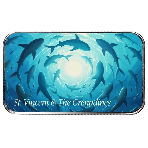 2025 Ec8 St. Vincent The Grenadines Swirling Sharks 1 Oz Silver Colorized Coin Bar Front