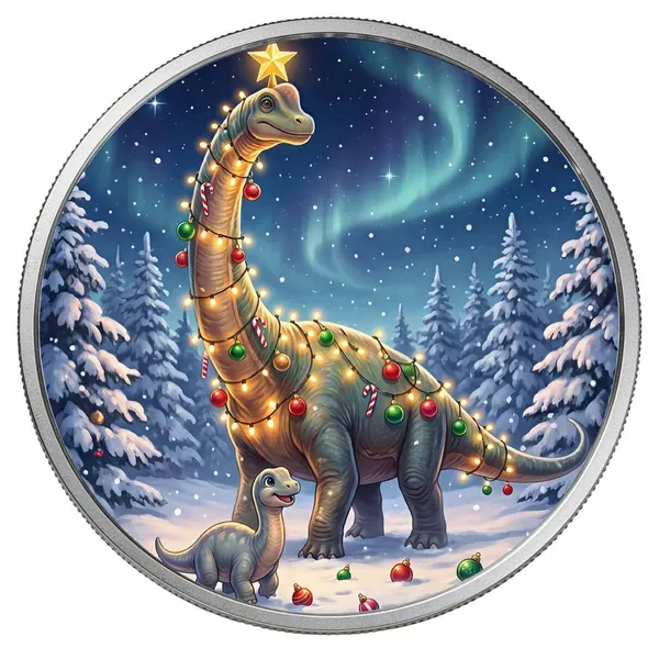 1 Oz Silver Colorized Christmas Dinosaur Northern Lights