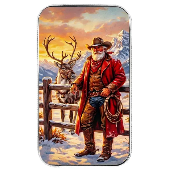 1 Oz Silver Colorized Cowboy Santa Bar