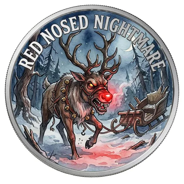 1 Oz Silver Colorized Red Nosed Reindeer Round