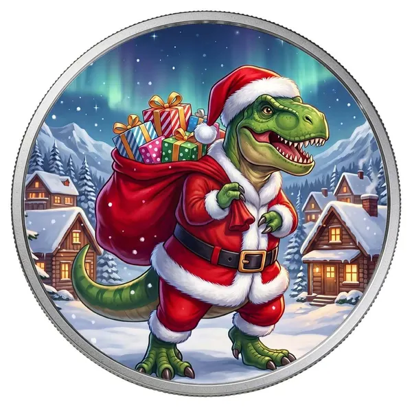 1 Oz Silver Colorized T Rex Santa Round