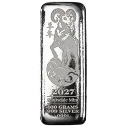 2027 Lunar Goat 100g Silver Bar Front