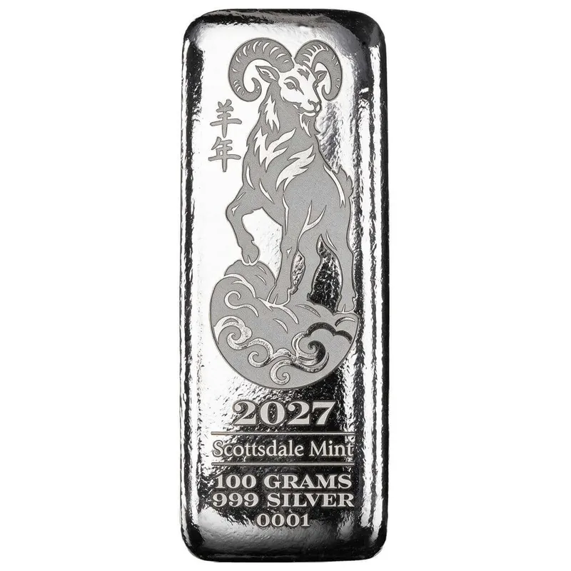 2027 Lunar Goat 100g Silver Bar Front