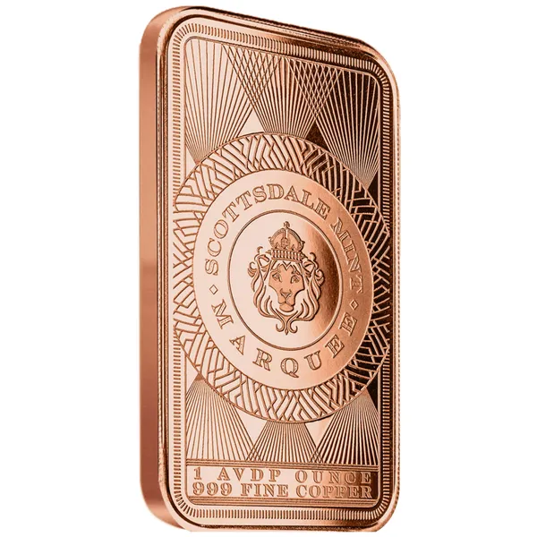 Scottsdale Mint Marque Peacock 1 Avdp Oz Copper Bar Reverse 3 4 View