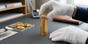 person wearing white gloves stacking gold coins