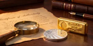 gold and silver with a magnifying glass sitting on a table.