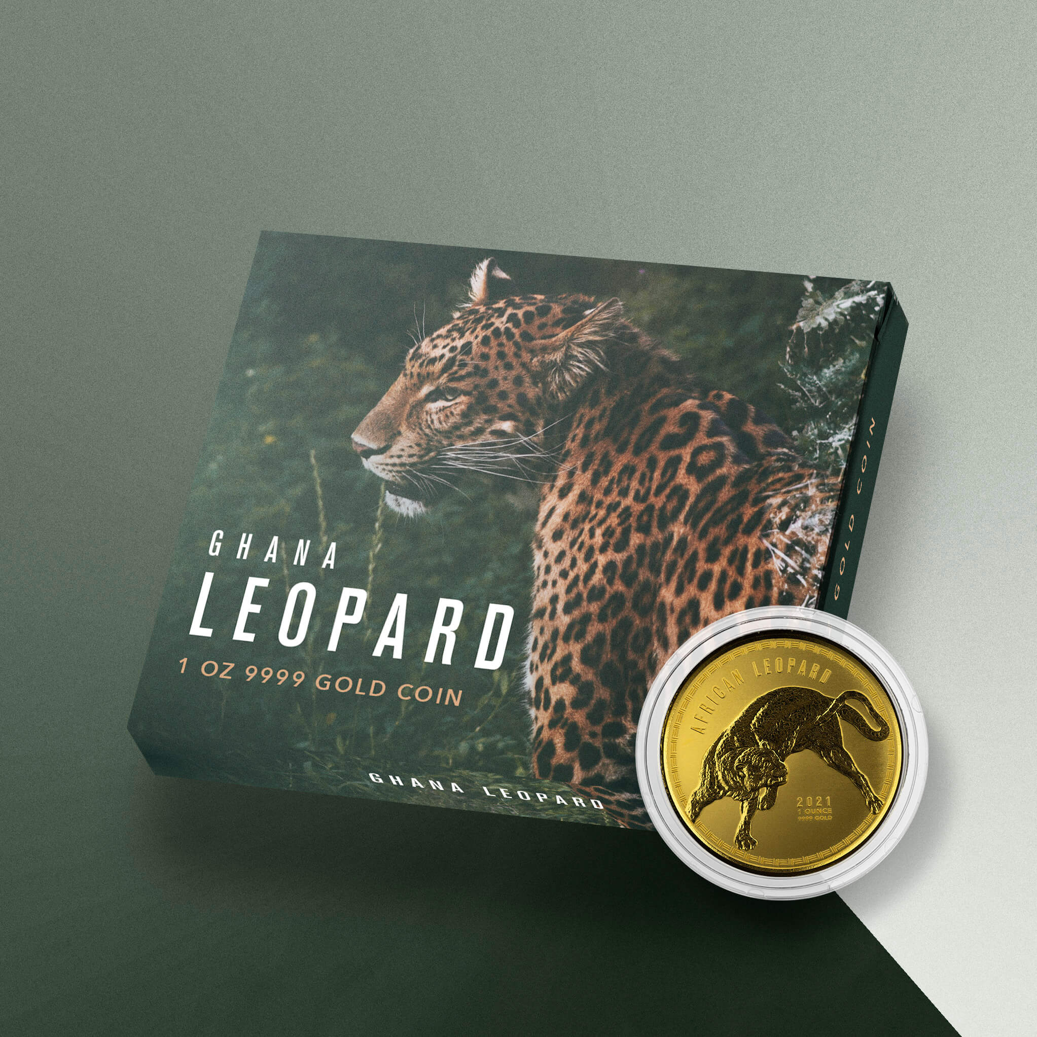 2021 Box Mockup Ghana Leopard Gold Bu 1 oz Coin