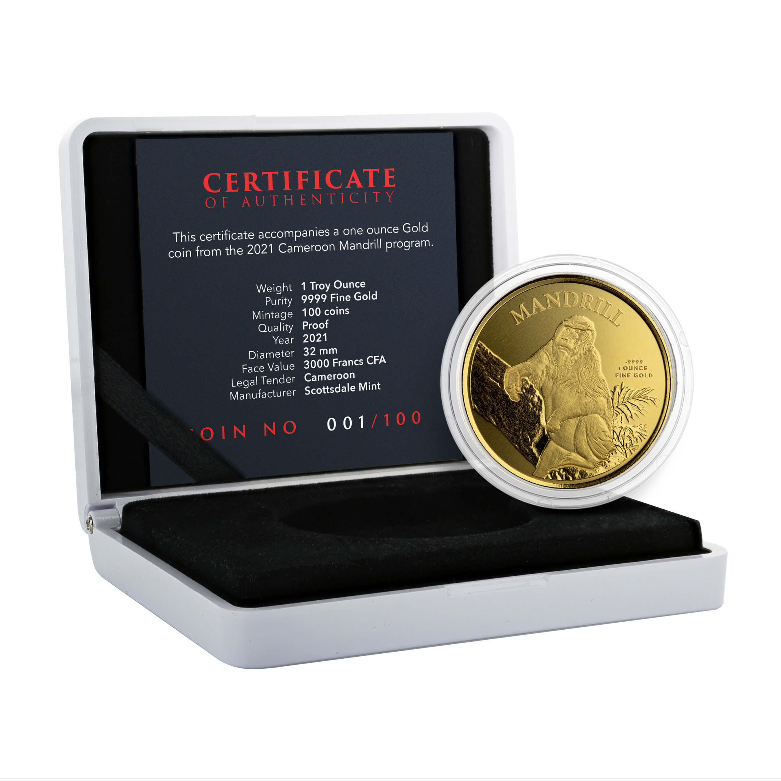 2021 Cameroon Mandrill 1 Oz Gold Coin Display Box