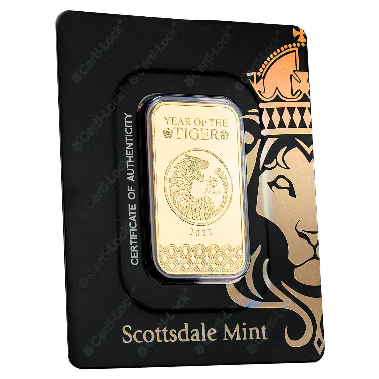 2022 Lunar Tiger 1 oz Gold Bar Certilock Scottsdale Mint