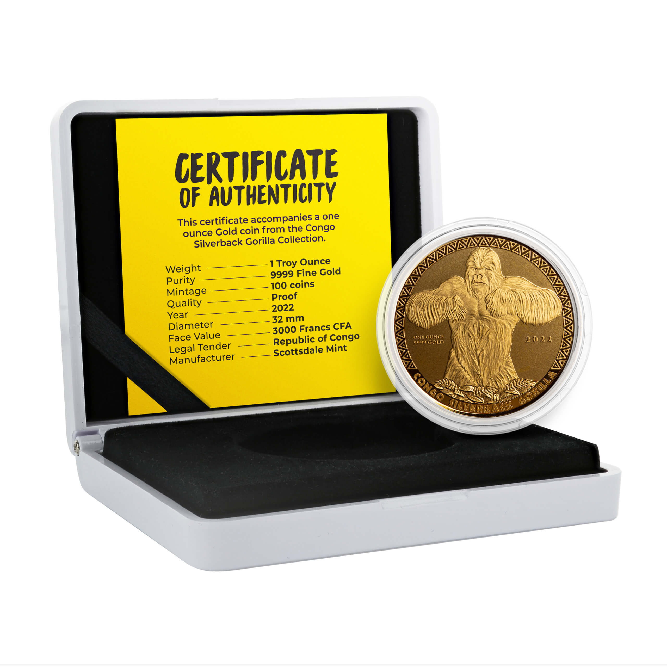 2022 Congo Silverback Gorilla 1 Oz Gold Bu Coin With Case Scottsdale Mint 14
