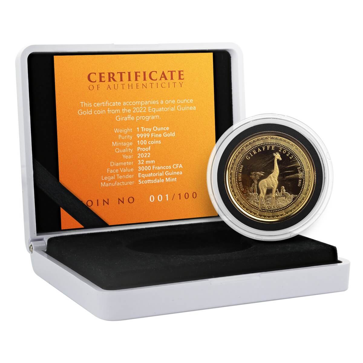 2022 Scottsdale Mint Equatorial Guinea Giraffe 1 Oz 9999 Gold Proof Coin 03