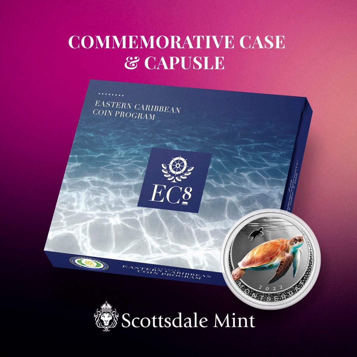 2022 Eastern Caribbean 8 Scottsdale Mint Montserrat Sea Turtle 1 Oz Silver Proof With Color Coin 01
