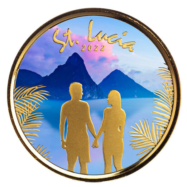 2022 Eastern Caribbean 8 Scottsdale Mint St Lucia Couple 1 Oz Gold Proof With Color Coin 04