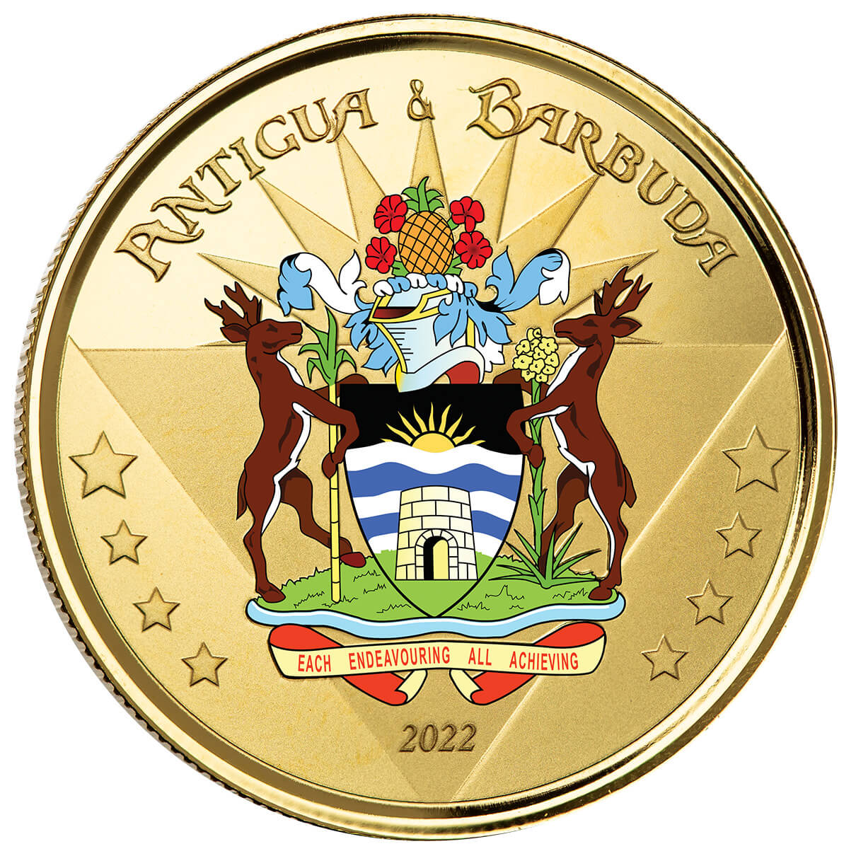 2022 Scottsdale Mint Ec8 Antigua And Barbuda Coat Of Arms 1 Oz Gold Proof Color Coin 01