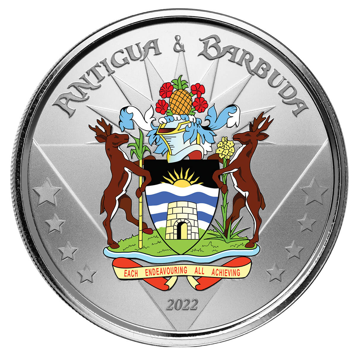2022 Scottsdale Mint Ec8 Antigua And Barbuda Coat Of Arms 1 Oz Silver Proof Color Coin 01